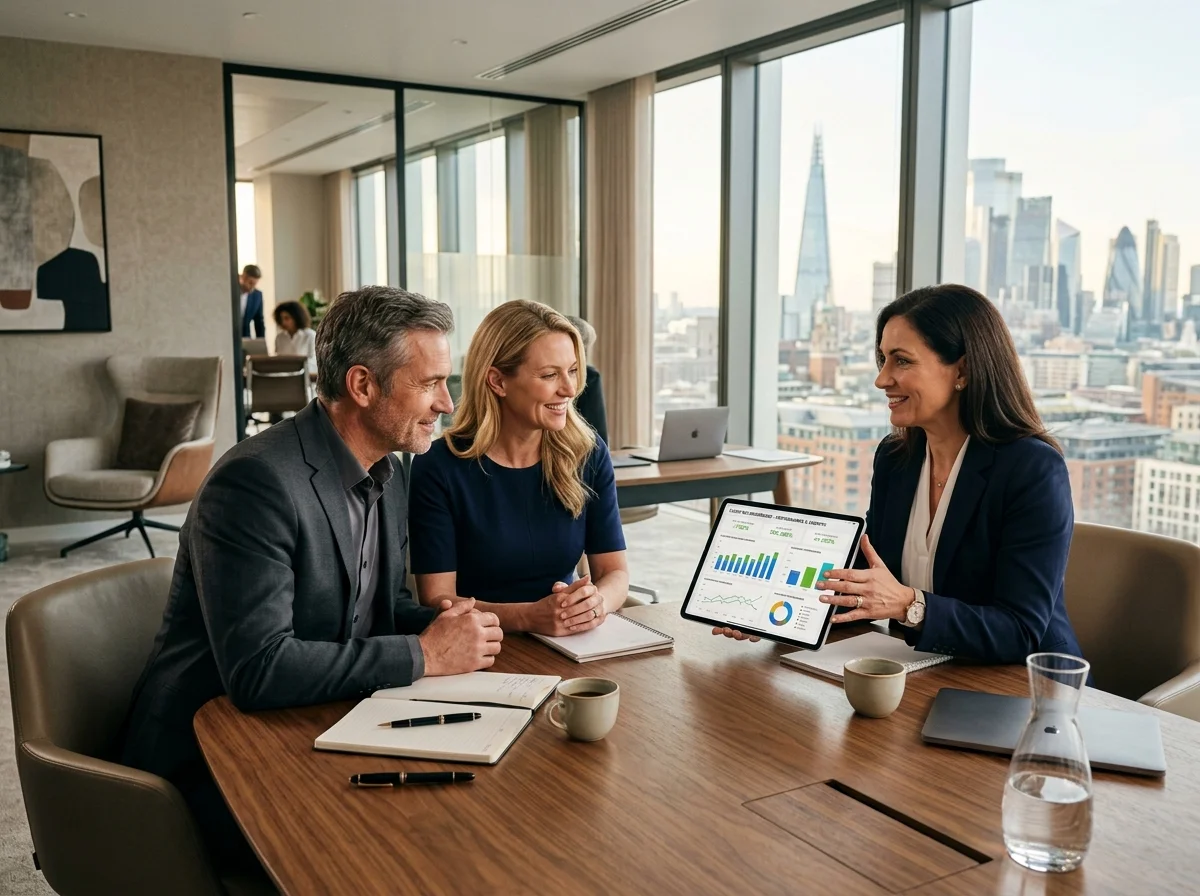 Agency founder reviewing white-label client portal with business owner in conference room