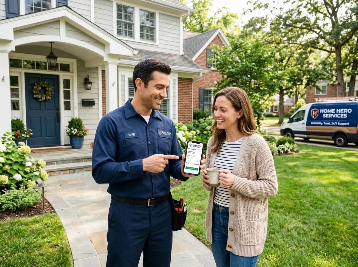 Trade technician in service uniform reviewing instant quote on mobile app in front of service van