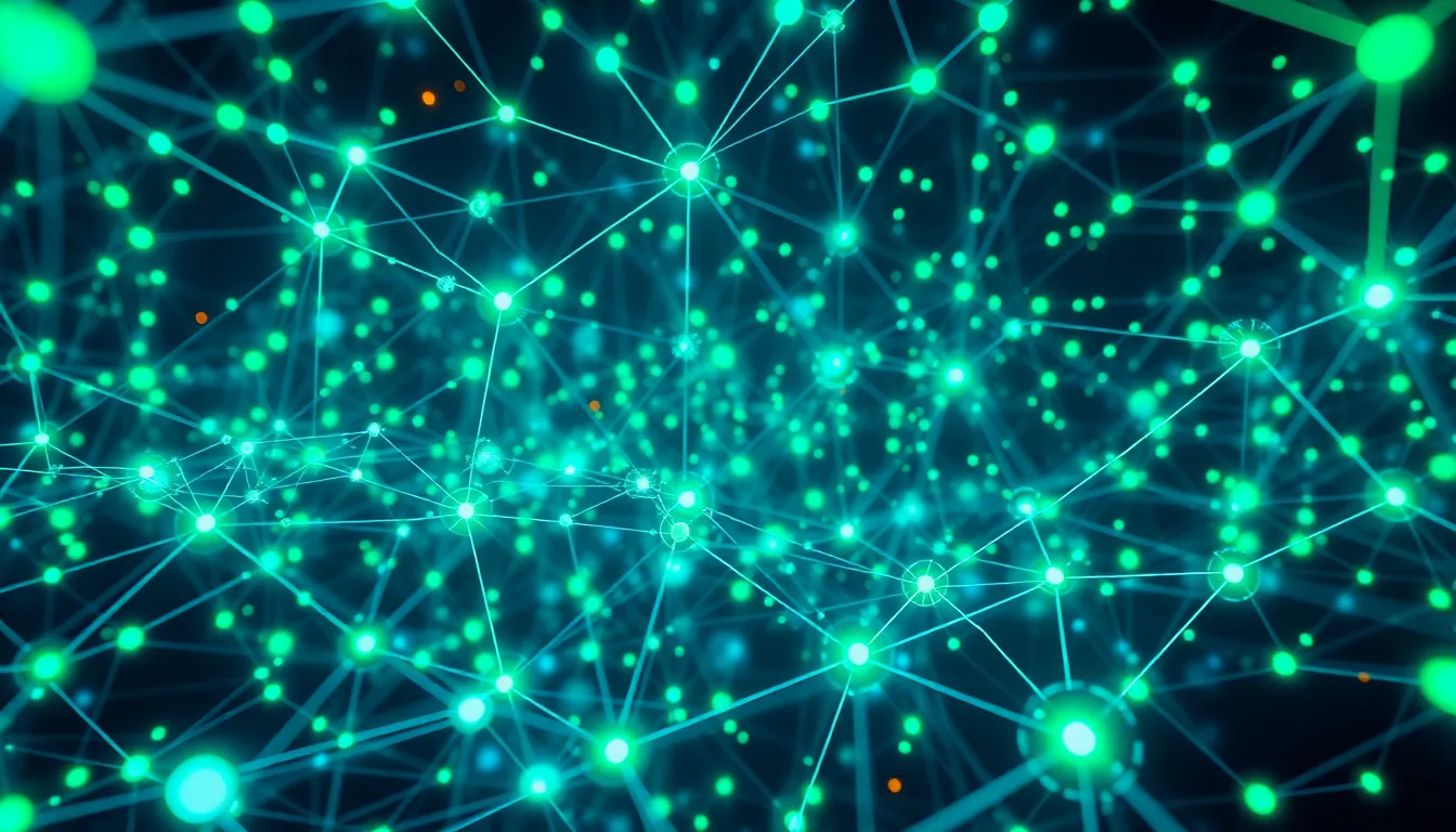 Abstract 3D visualization of neural networks merging with digital architecture