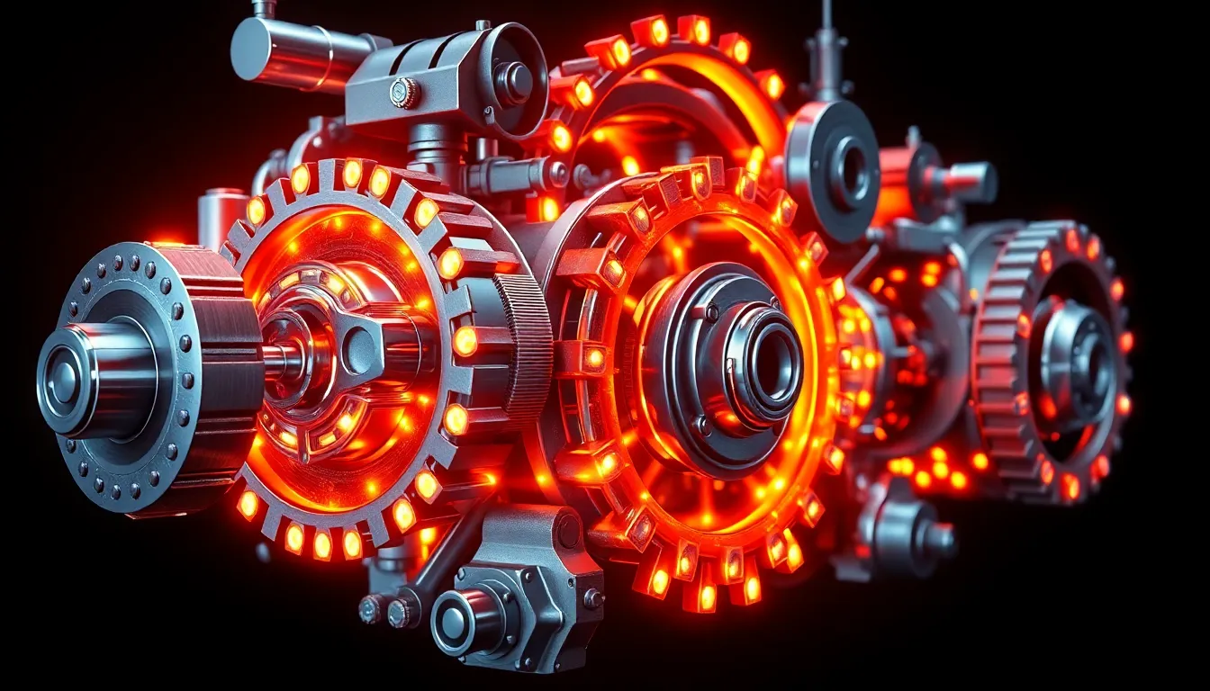 Abstract 3D visualization of high-performance engineering and interconnected metallic gears