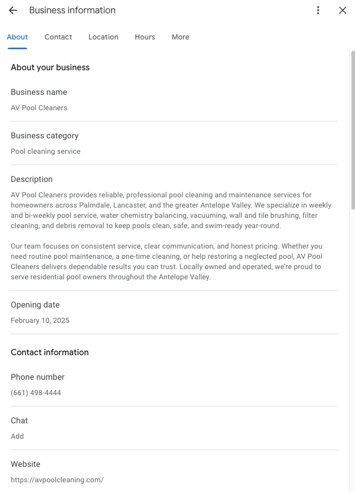 AV Pool Cleaners Google Business Profile