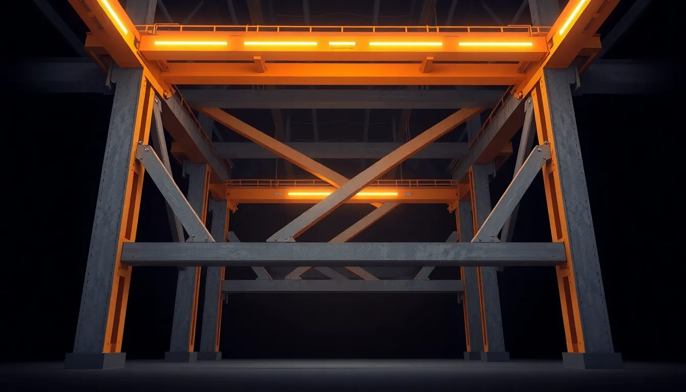 Abstract 3D visualization of structural integrity and massive architectural steel beams