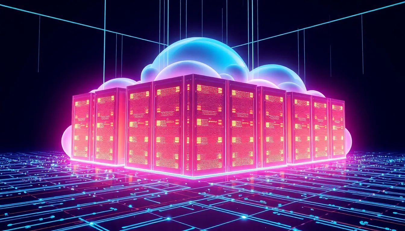 Abstract 3D visualization of enterprise cloud servers and digital infrastructure