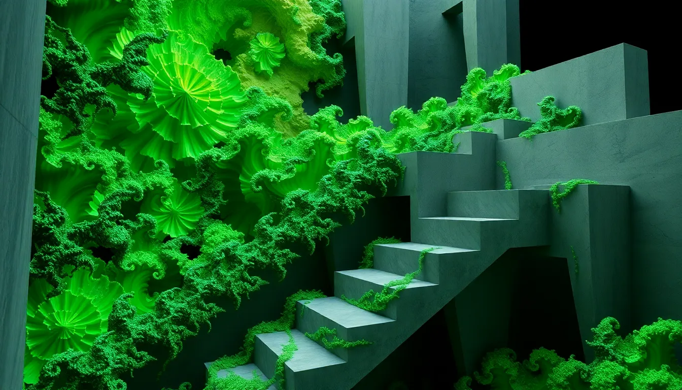 Abstract 3D visualization of extreme organic growth meeting geometric perfection with vibrant emerald green patterns