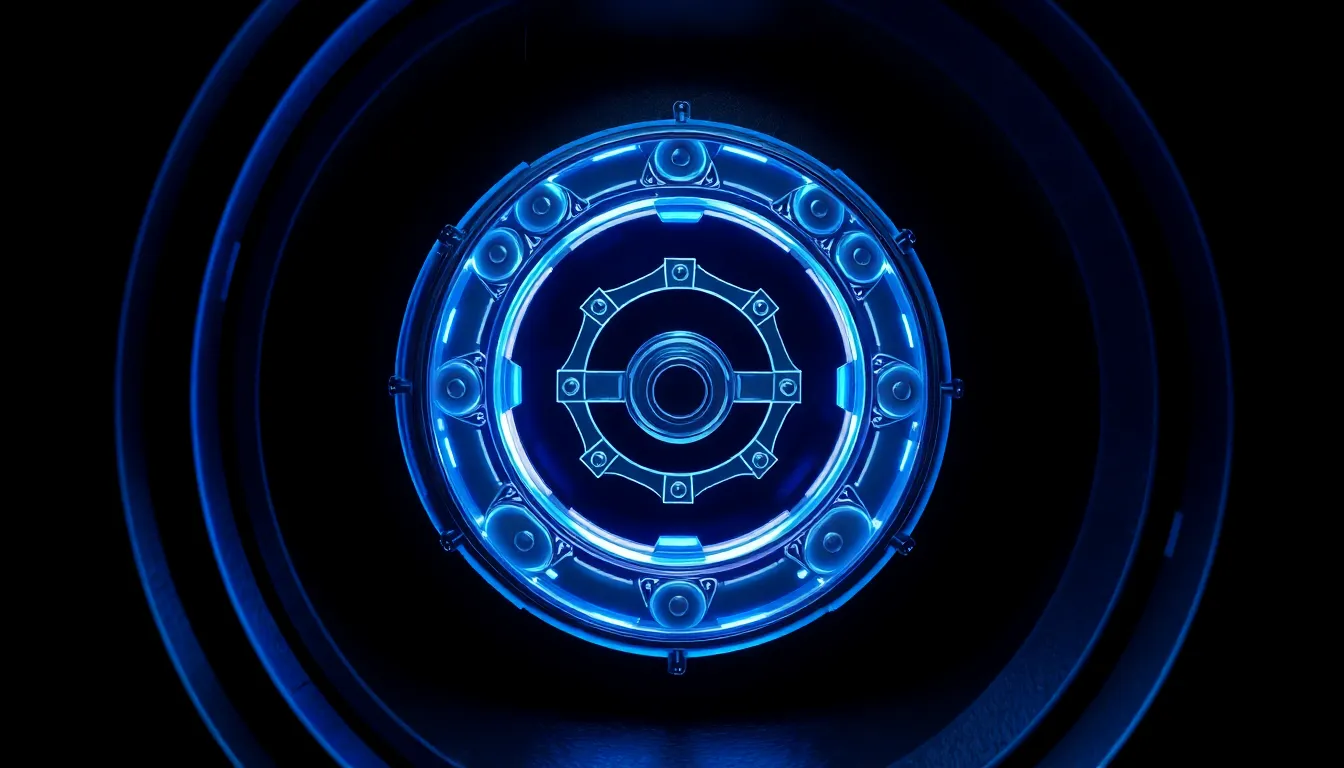 Abstract 3D visualization of impenetrable security with glowing neon blue mechanisms inside a vault