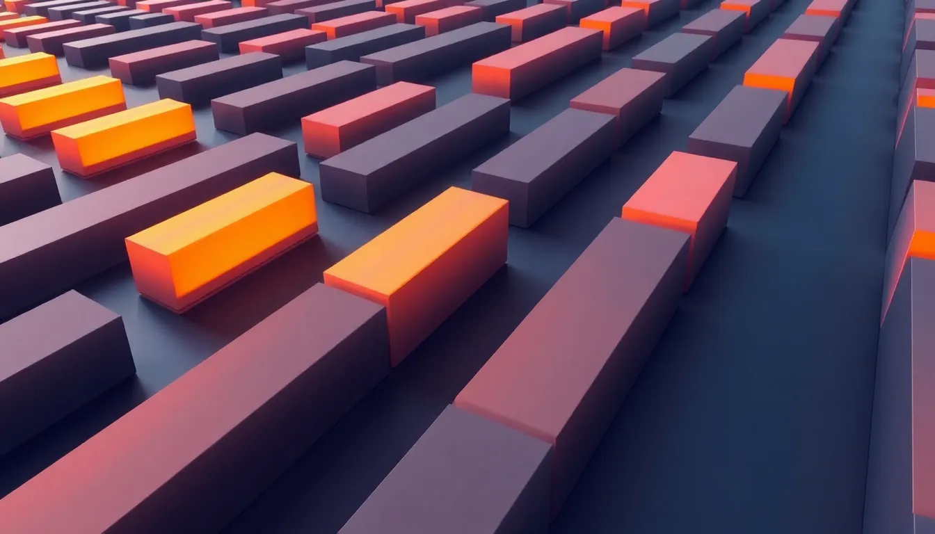 Abstract 3D visualization of massive logistical transit with huge glowing monoliths on a structured grid