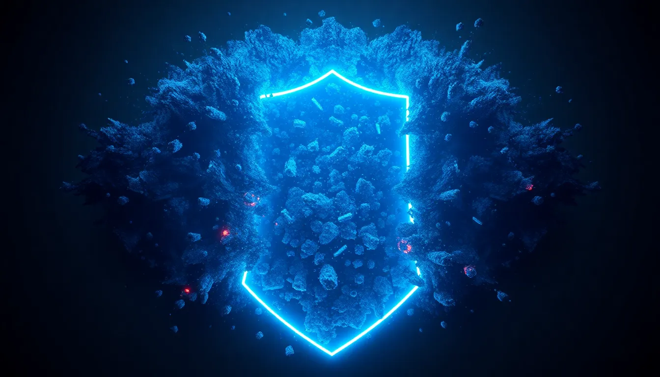 Abstract 3D visualization of total geometric eradication of chaotic micro-particles by a neon cyan energy shield