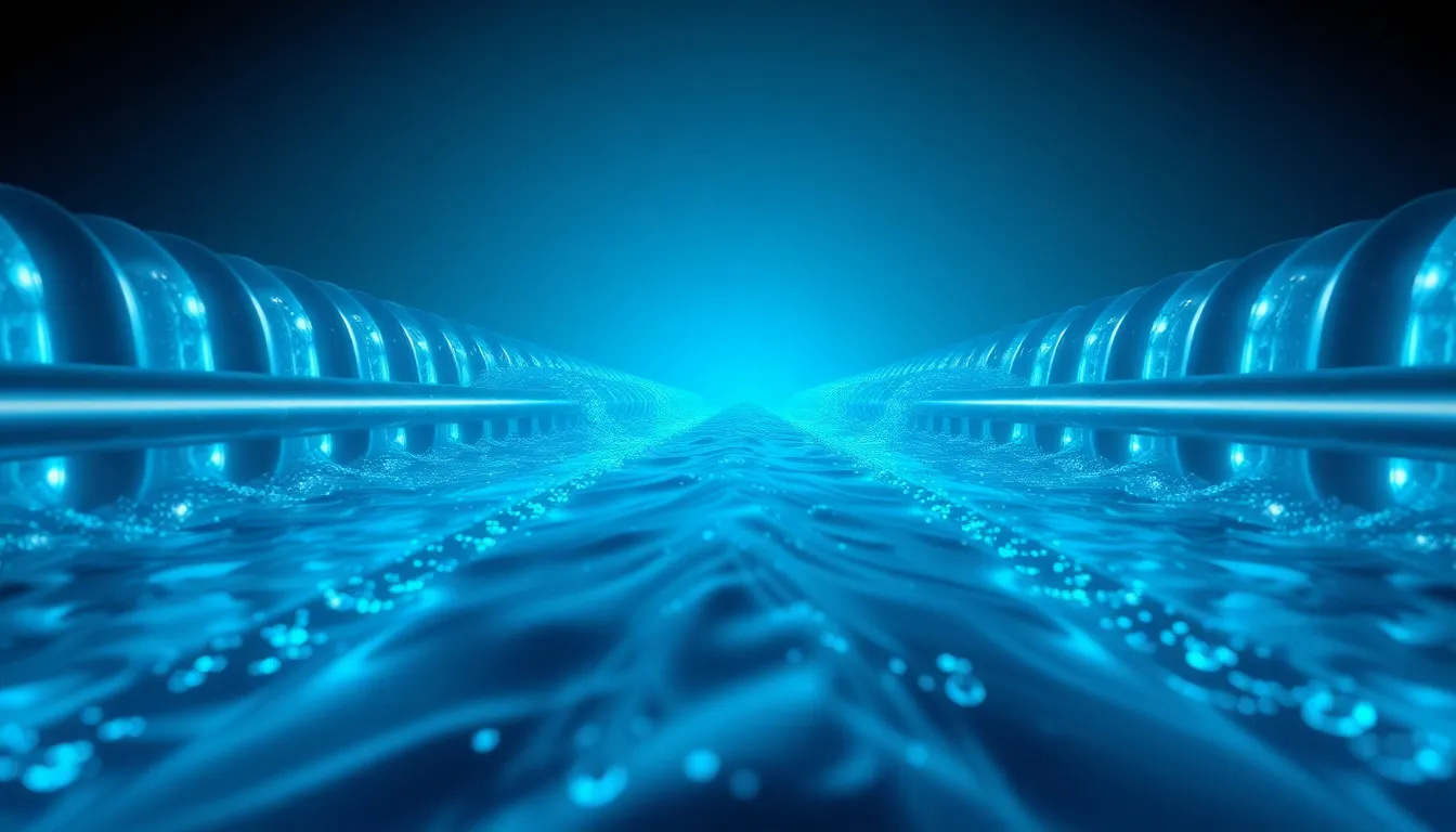 Abstract 3D visualization of high-pressure fluid dynamics with glowing metallic silver conduits channeling pure aquamarine water energy