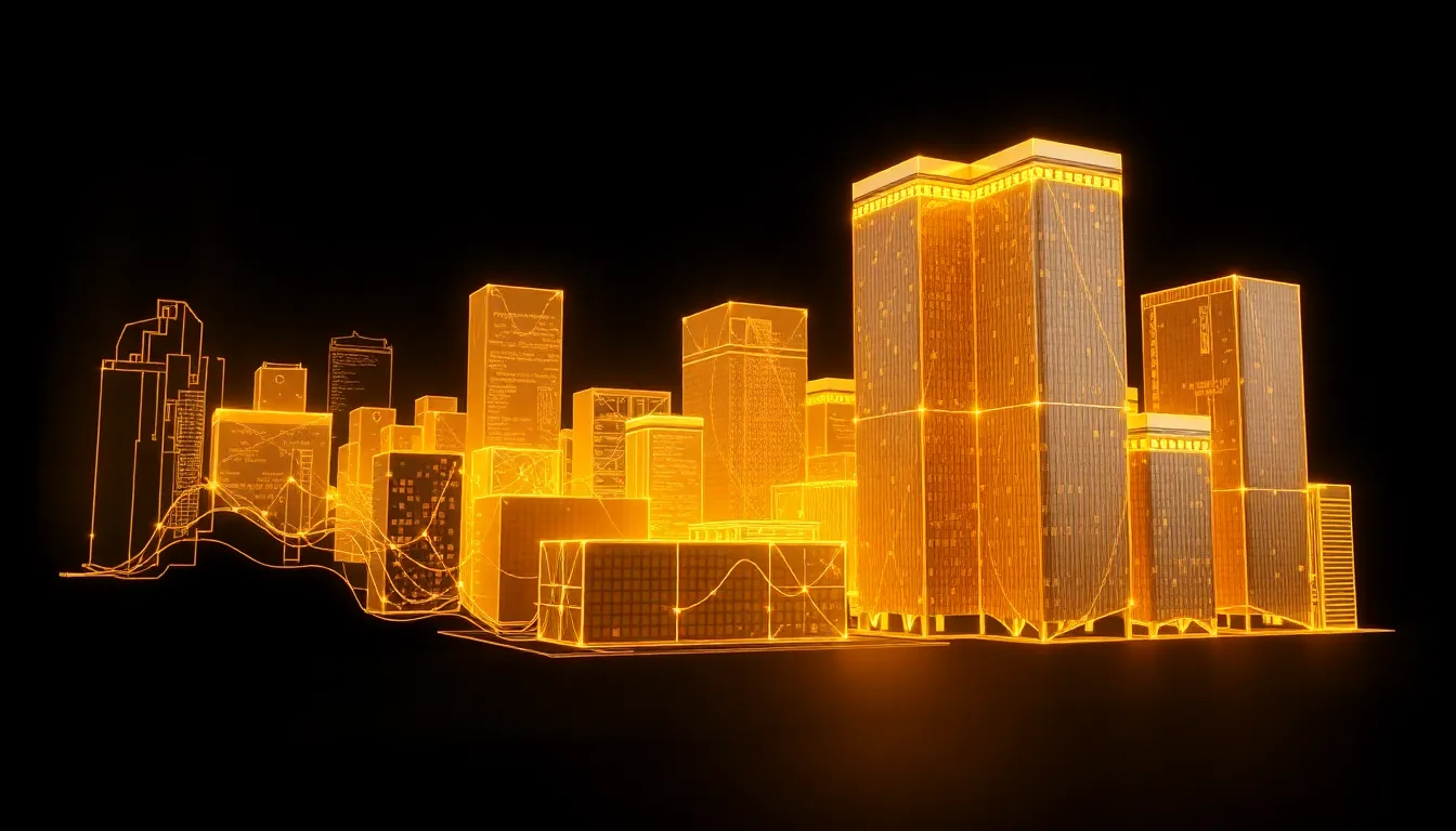 Abstract 3D visualization of high-value property acquisition with glowing golden blueprints morphing into solid metallic skyscrapers