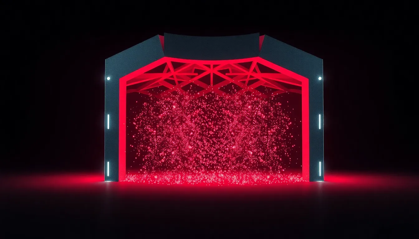 Abstract 3D visualization of impenetrable structural shielding with glowing slate-grey and deep crimson interlocking architecture