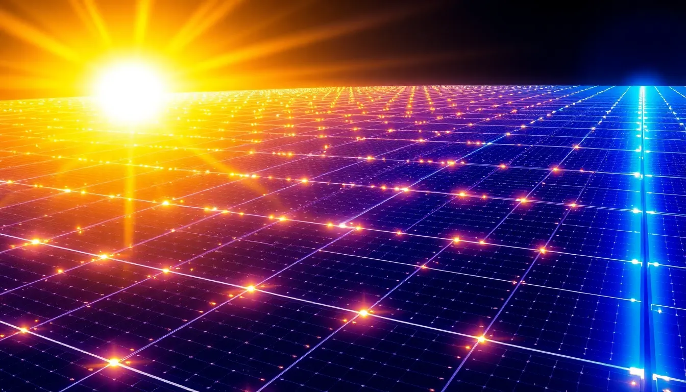Abstract 3D visualization of massive photovoltaic energy capture with glowing dark obsidian panels and golden solar energy