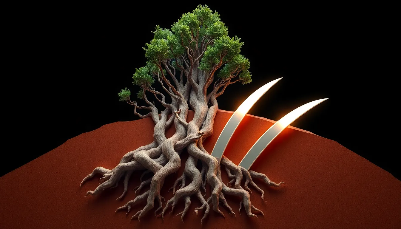 Abstract 3D visualization of immense biological strength with a massive geometric root structure gripping a solid plane alongside sharp metallic silver arcs