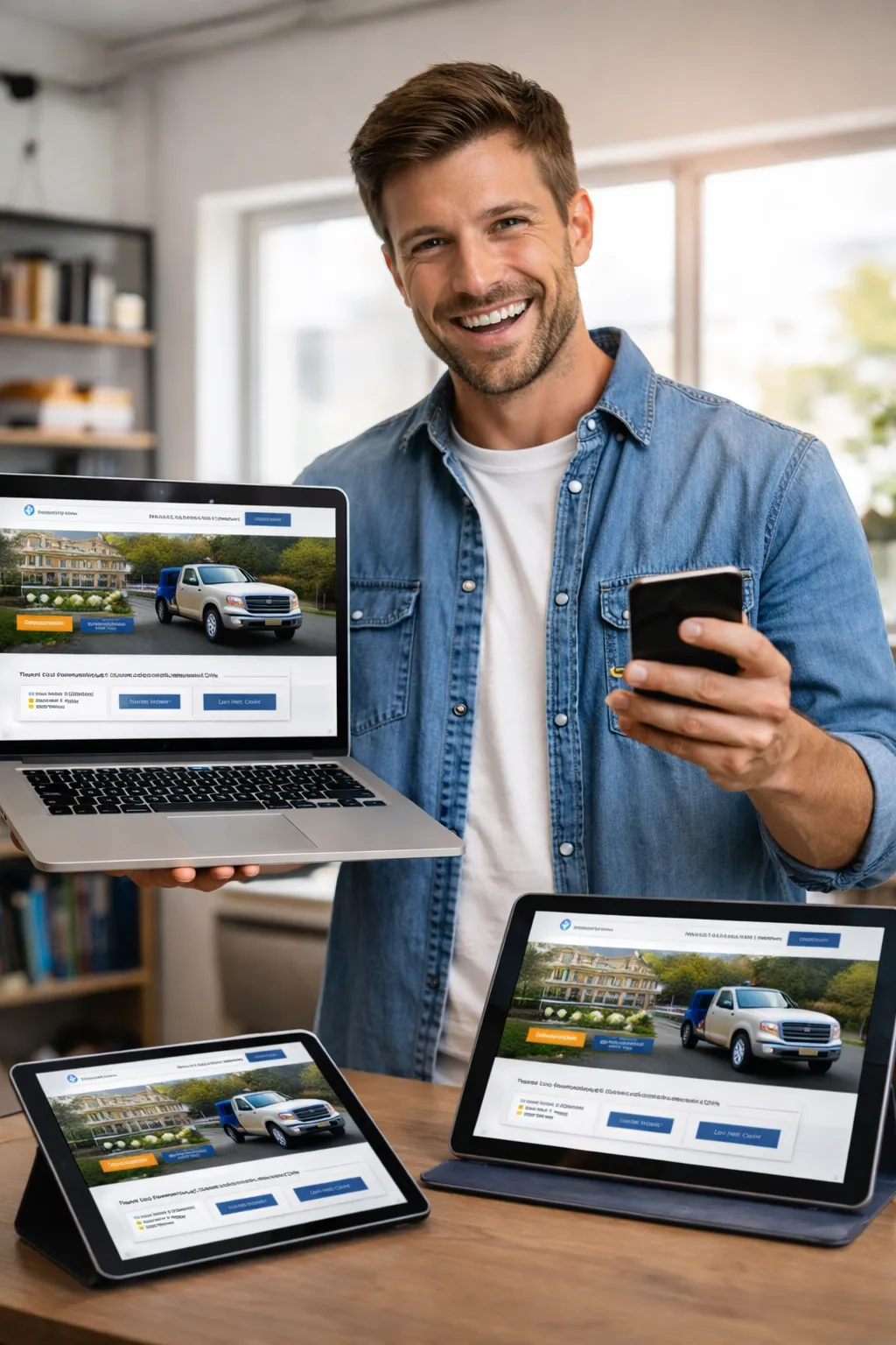 Happy business owner showing his new website